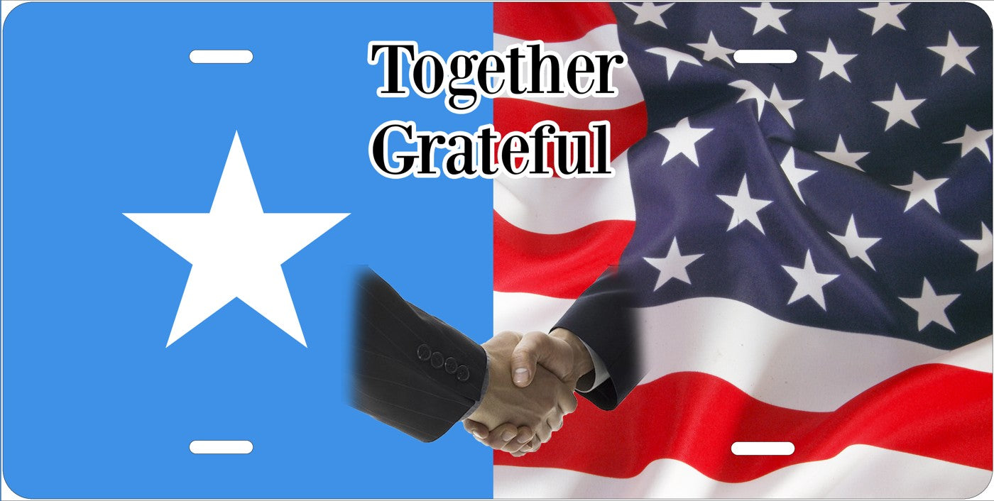American and Somali Flags — Together Grateful license plate design
