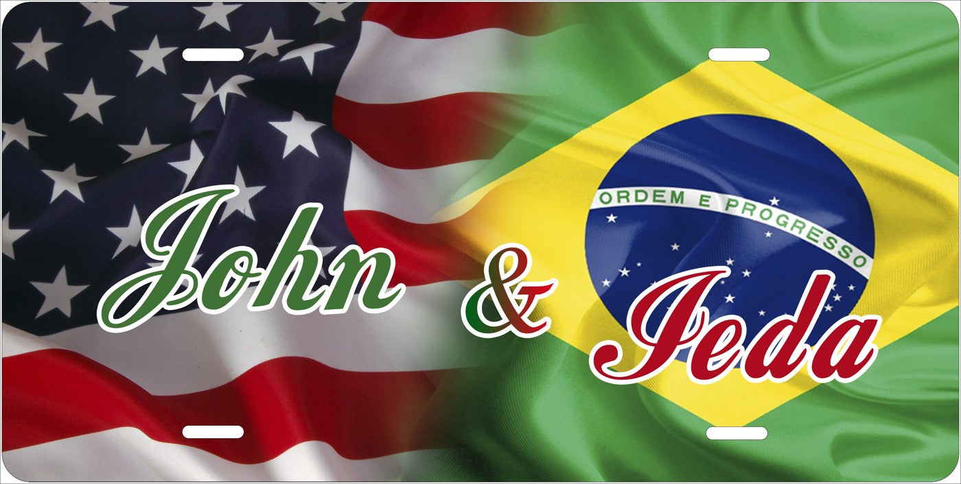 American and Brazilian Flags license plate design; sample names shown
