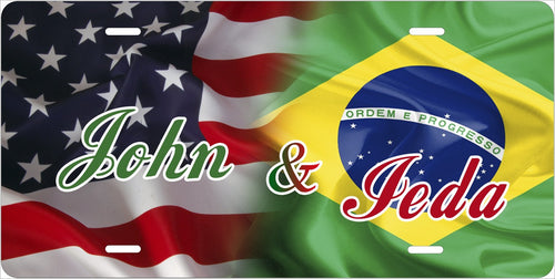 American and Brazilian Flags license plate design; sample names shown