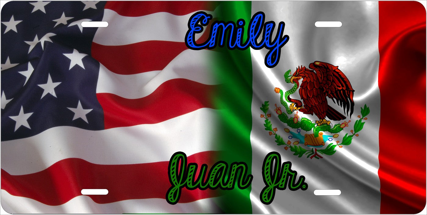 American and Mexican Flags — Names license plate design; sample names shown