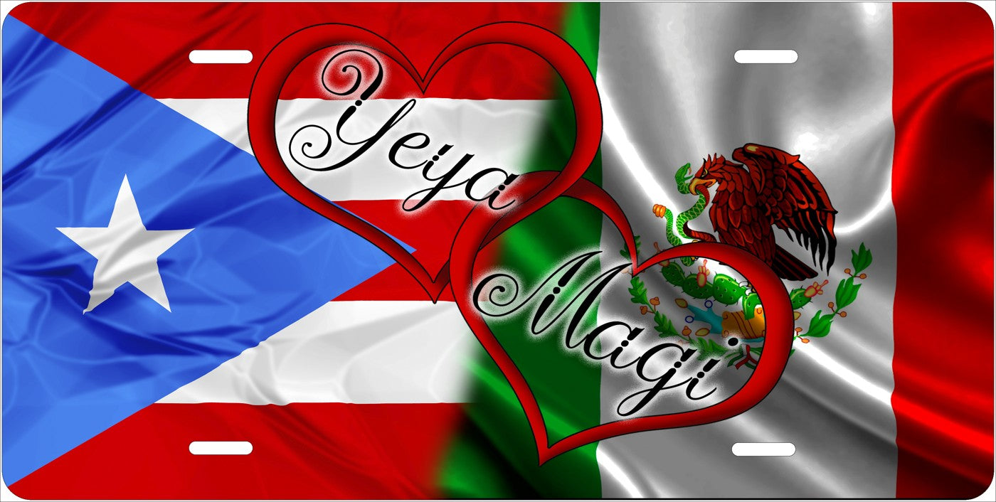 Puerto Rican and Mexican Flags — Hearts license plate design; sample names shown