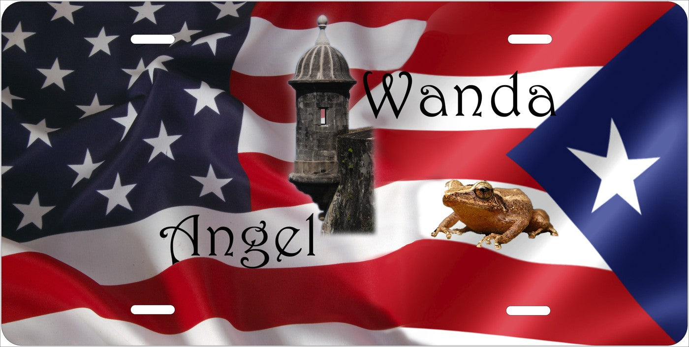 American and Puerto Rican Flags — Names license plate design; sample names shown