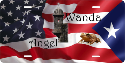 American and Puerto Rican Flags — Names license plate design; sample names shown