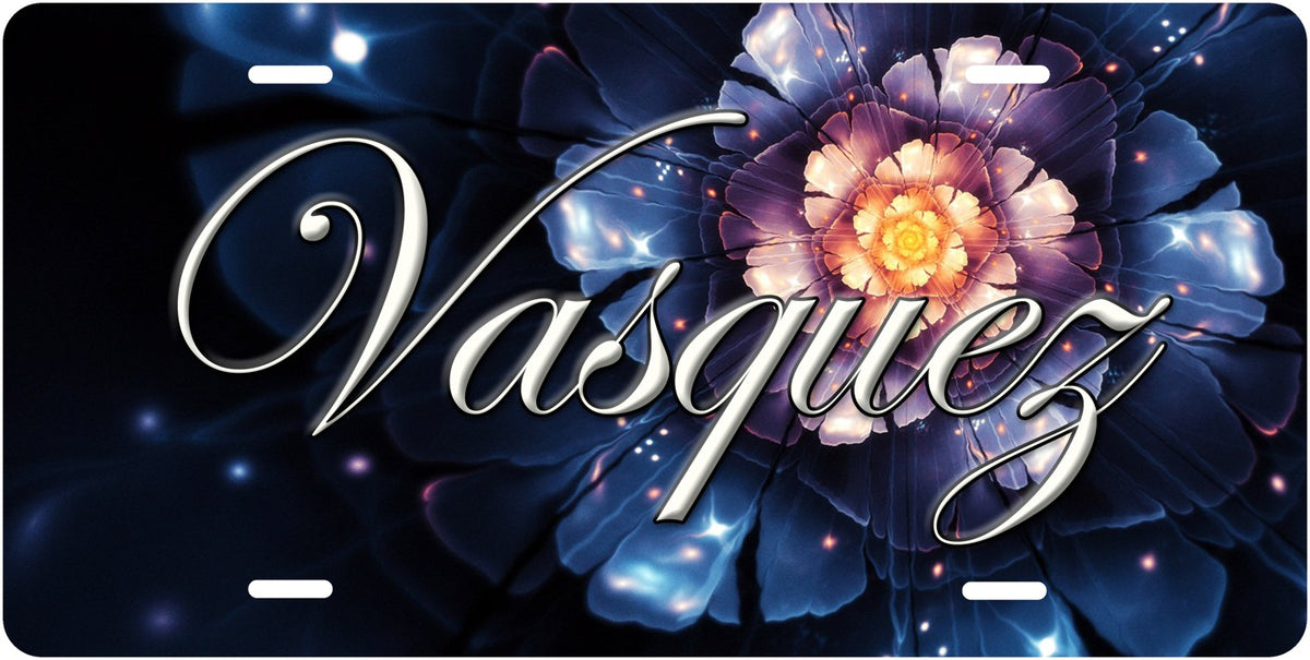 Crystal Flower license plate design; sample names shown