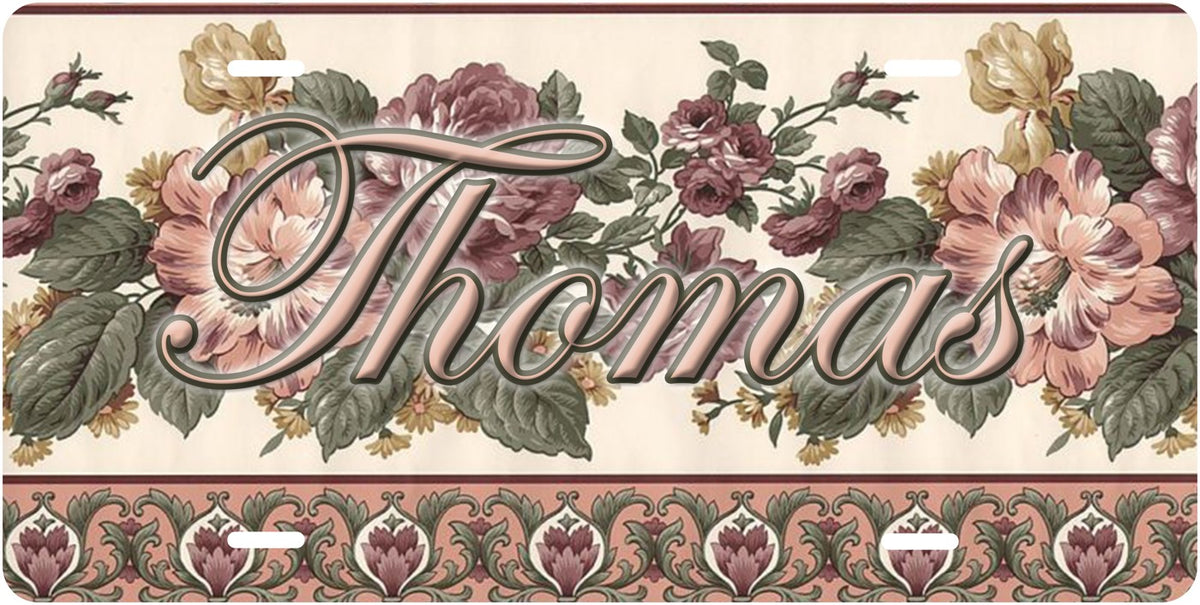 Vintage Floral license plate design; sample names shown