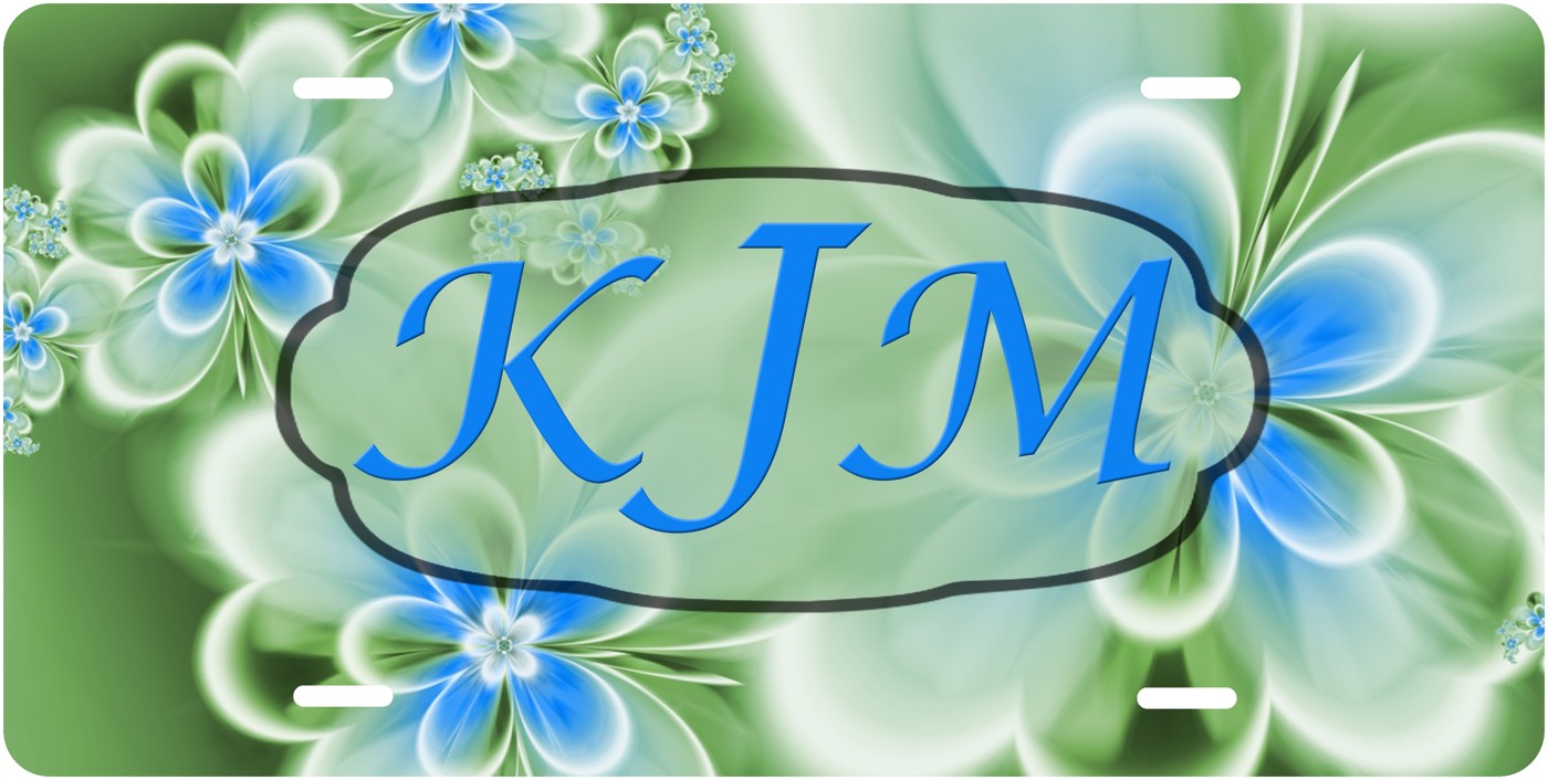 Flowered Monogram license plate design; sample names shown