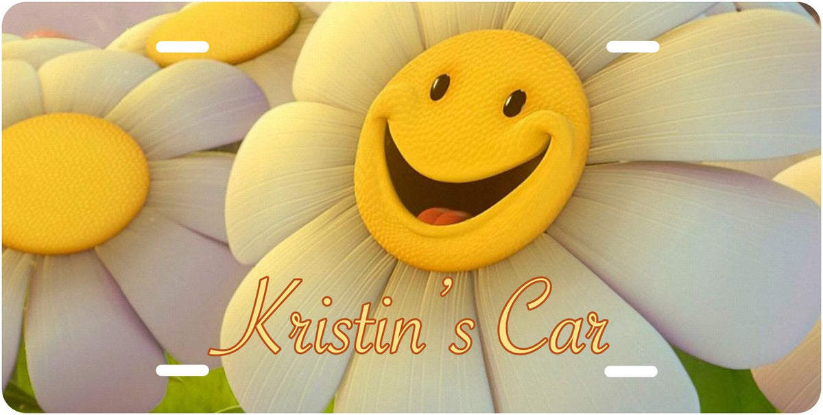 Happy Sunflower license plate design; sample names shown
