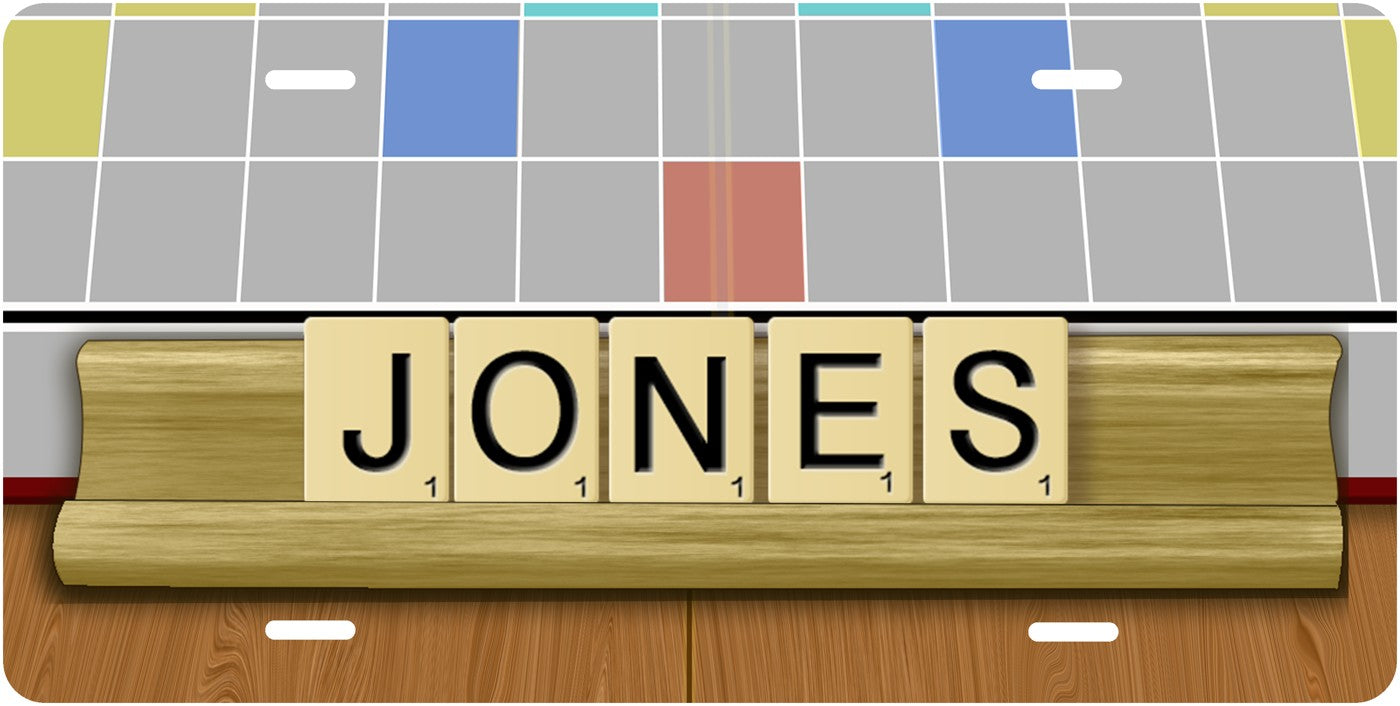 Letter Tiles license plate design; sample names shown