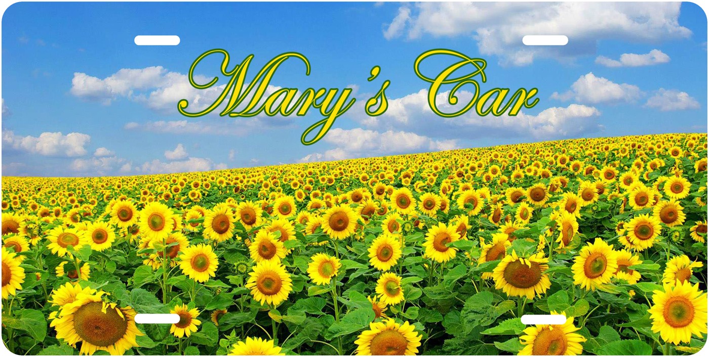 Sunflower Field license plate design; sample names shown