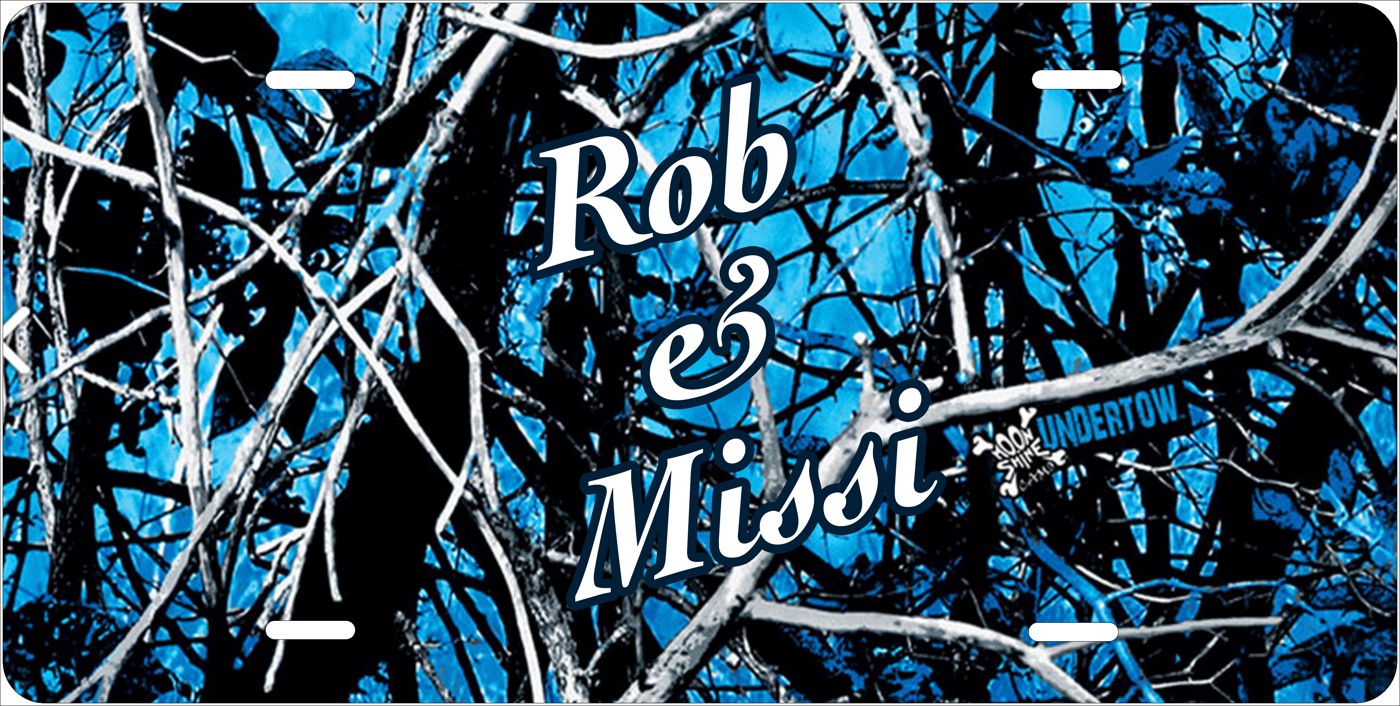Blue Camo license plate design; sample names shown