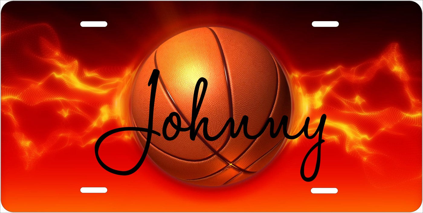 Flaming Basketball license plate design; sample names shown