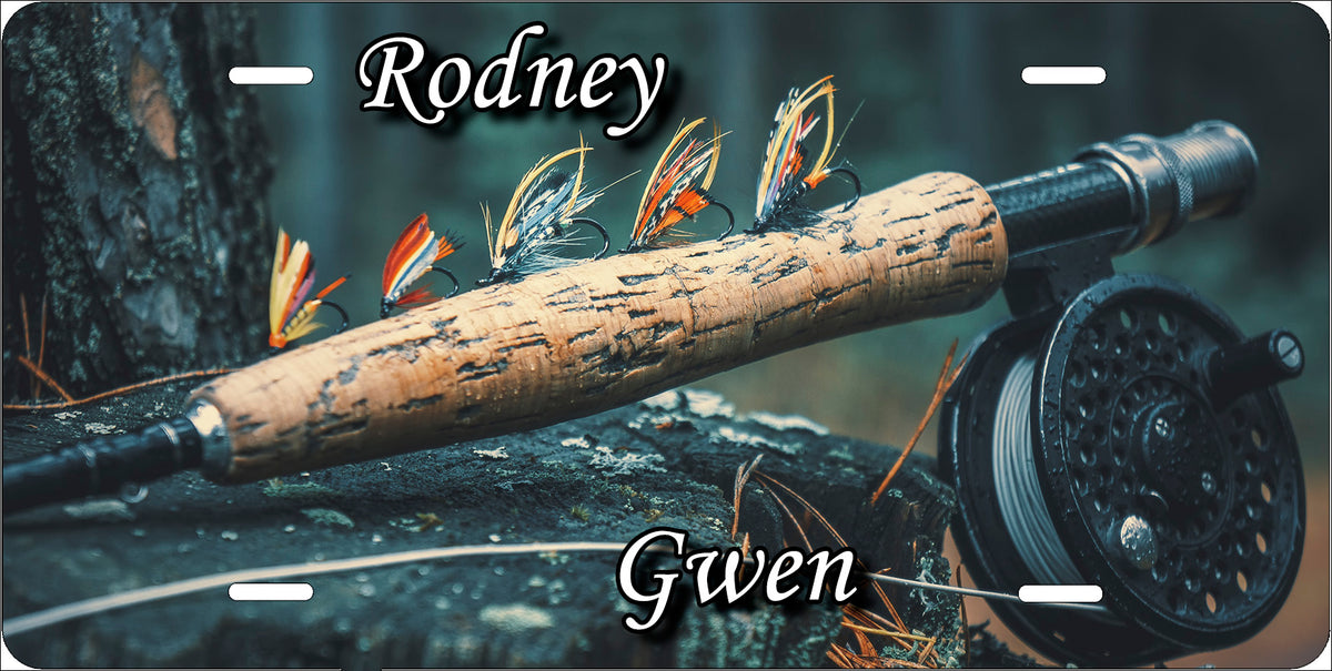 Fly fishing license plate with sample names Rodney and Gwen