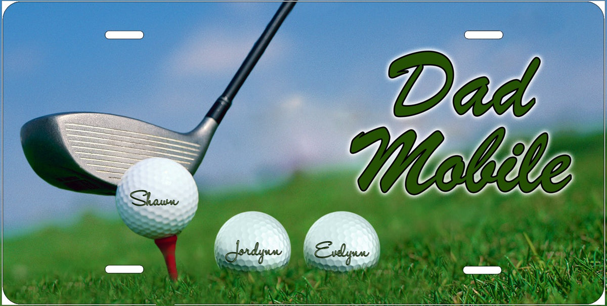 Golfing license plate design; sample names shown