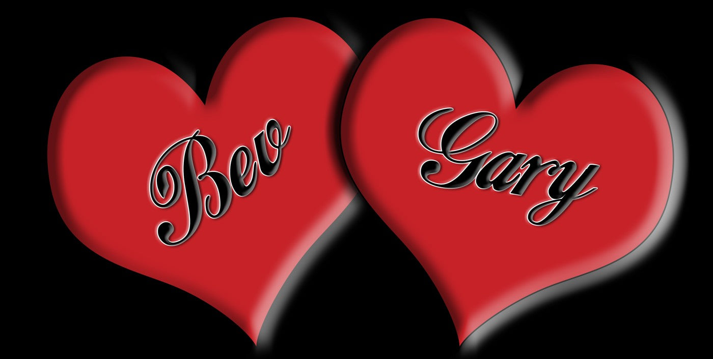 Two Hearts license plate design; sample names shown