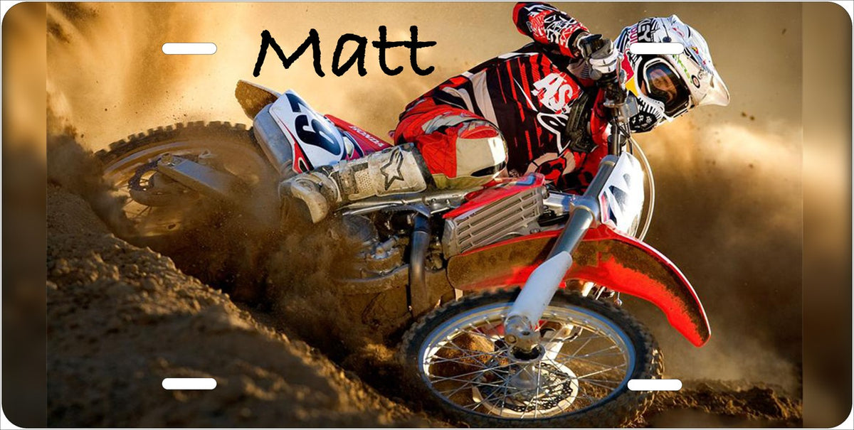 Motocross license plate design; sample names shown