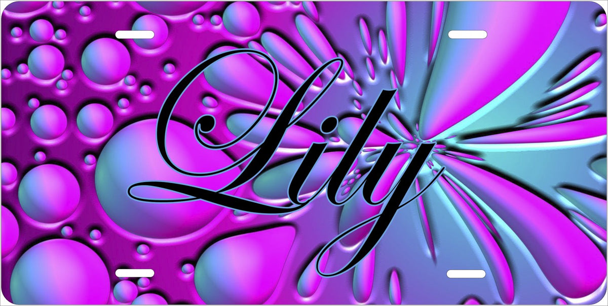 Colorful Swirls license plate design; sample names shown