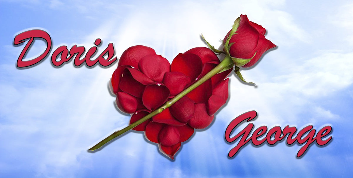 Rose and Heart license plate design; sample names shown