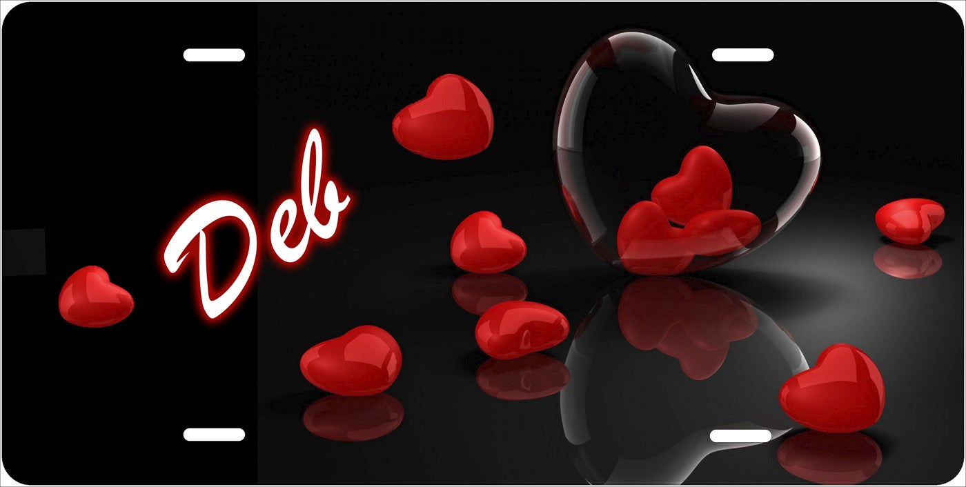 Red Hearts license plate design; sample names shown