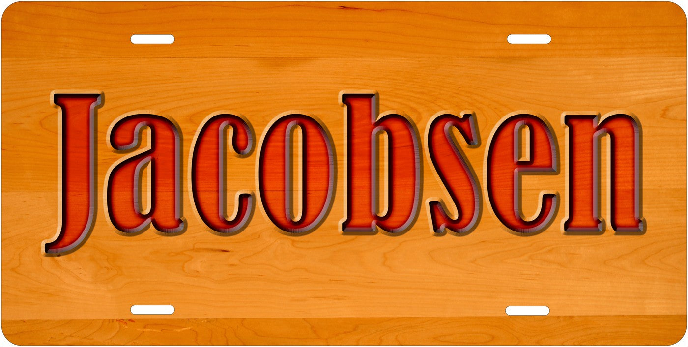 Wood Grain license plate design; sample names shown
