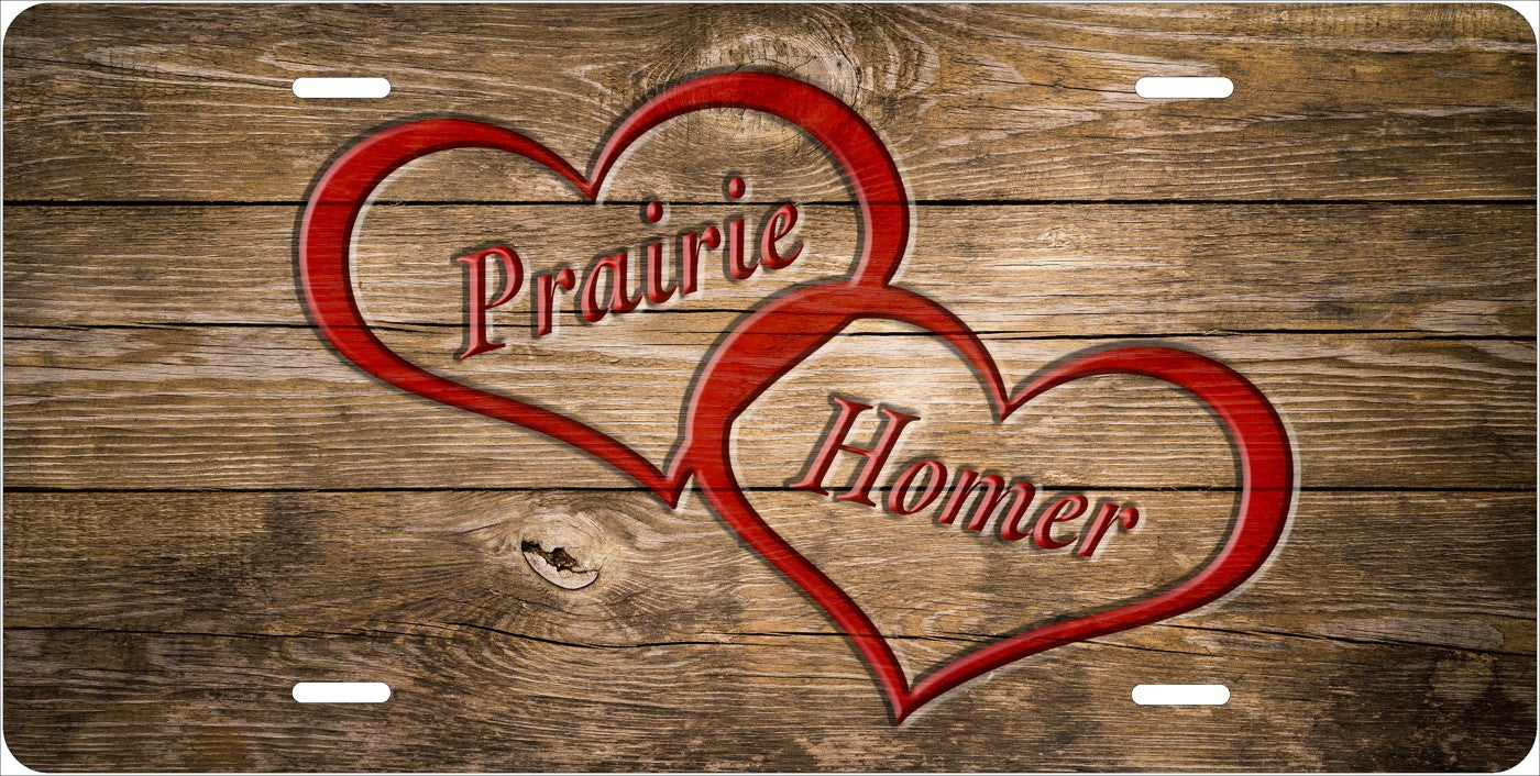 Wooden Boards and Hearts license plate design; sample names shown