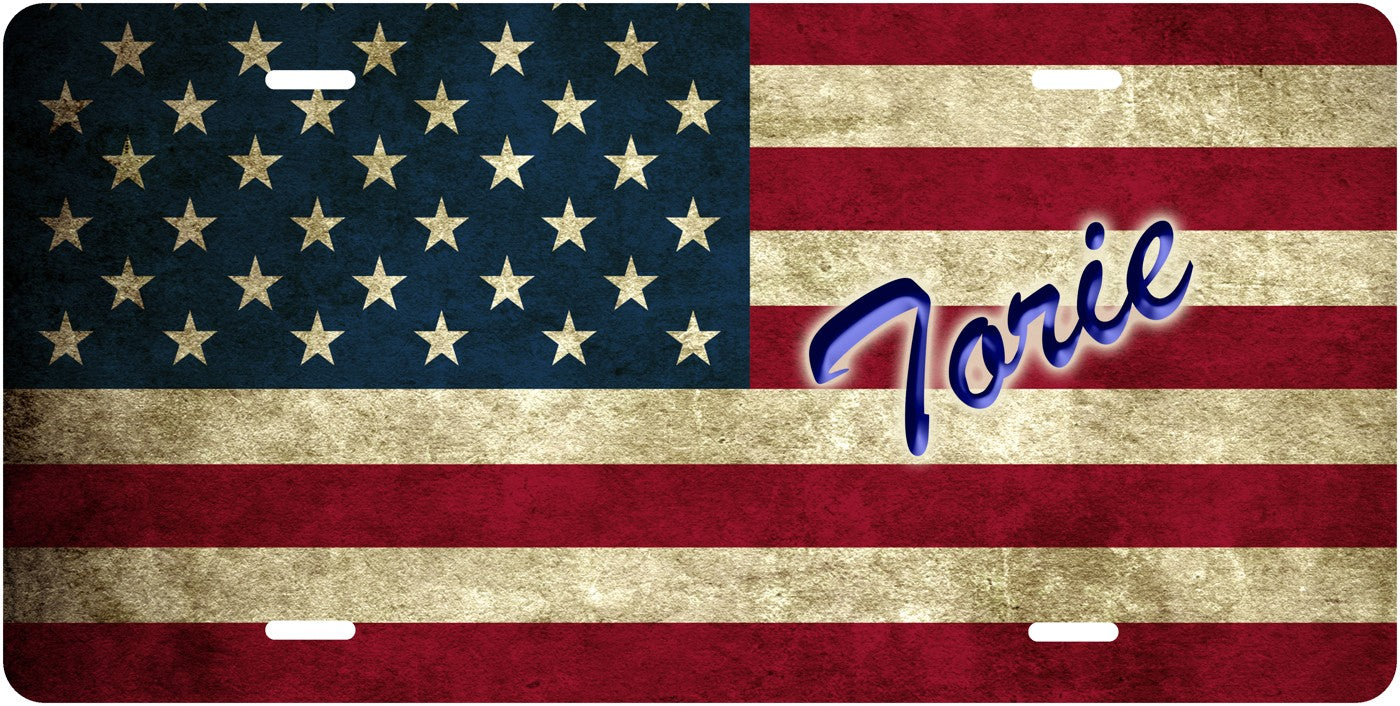 Rustic American Flag license plate design; sample names shown