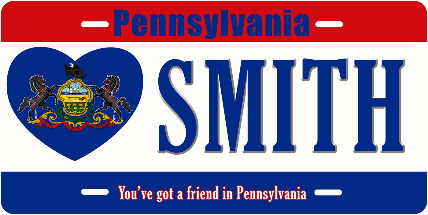 Pennsylvania — Red and Blue Name license plate design; sample names shown