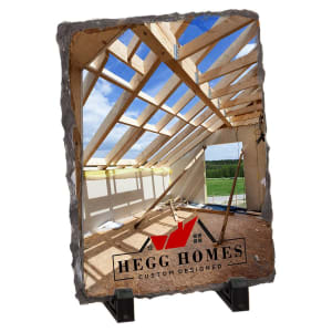 Personalized 7 by 11 photo slate with natural chipped edges and display feet