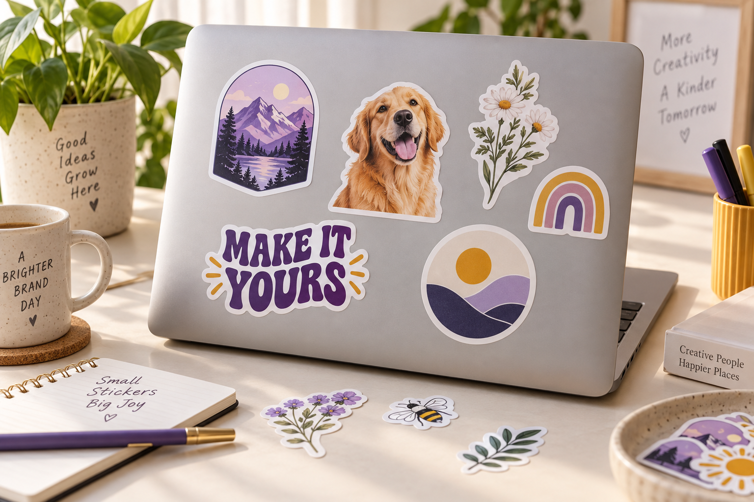 A silver laptop decorated with colorful white-bordered stickers, with loose stickers on a cream desk